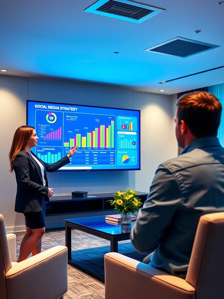 A photo of Sitora Safarova, CEO of BusyWorld TV, presenting a social media strategy to a client, highlighting the personalized approach and expertise offered by the agency.