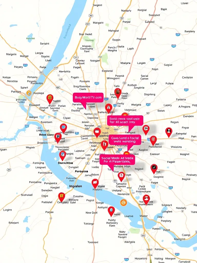 An image depicting a map of a local area with social media ad placements highlighted, illustrating BusyWorld TV's ability to target specific demographics effectively.