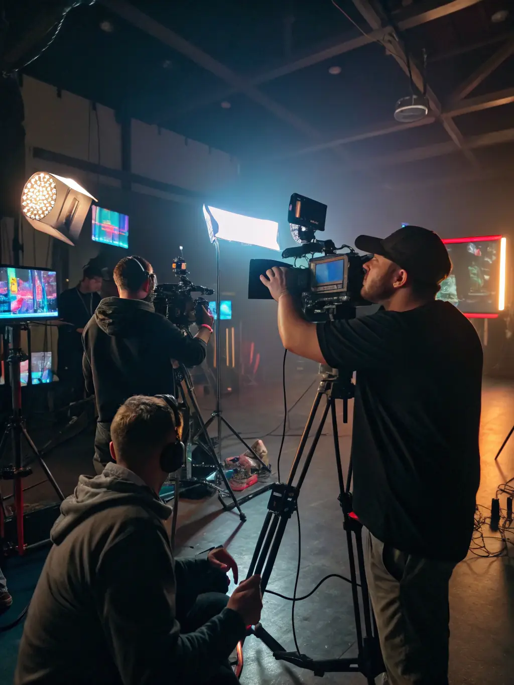 A dynamic video production scene, featuring BusyWorld TV's crew filming a high-quality promotional video for a client, emphasizing their commitment to visual storytelling.