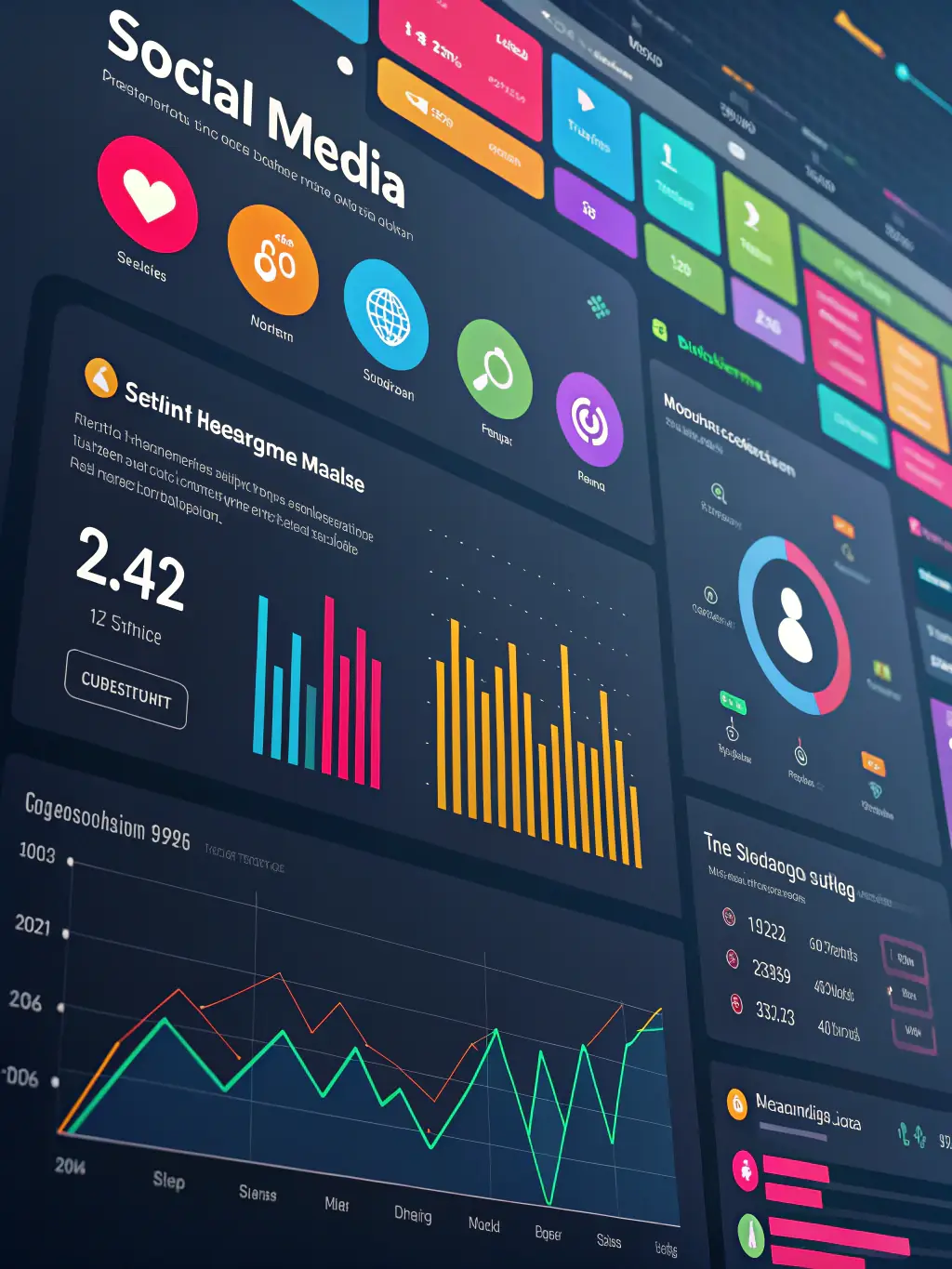 A vibrant image showcasing a successful social media campaign, with high engagement metrics displayed on a dashboard, reflecting BusyWorld TV's expertise in boosting online presence.